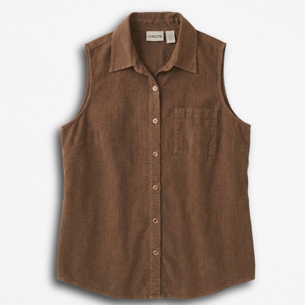 Chicos Brown Corduroy Sleeveless Button Down Shirt Vest Top Womens Size 2 L